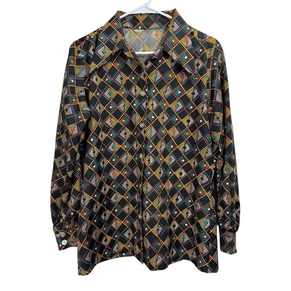 Vintage 70's Disco Shirt Top Womens Size M/L Black Print Button Up Mod Dagger - Picture 1 of 7
